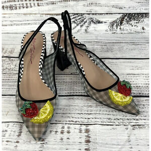 Betsey Johnson Heels Pumps Shoes size 9M Black White Gingham Strawberry Lemon
